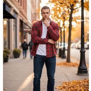 Pendleton Sz L 100% Wool Flannel Shirt Red Brodie‎ Tartan Plaid Winter Cabincore